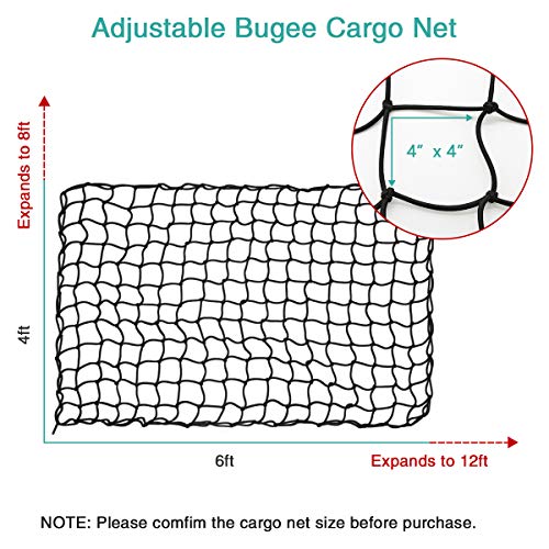 4x6ft Bungee Cargo Net for Pickup Trucks, 5mm 4”X4” Mesh Super Duty Stretches to 8x12ft Elasticated Mesh Net with 14Pcs D Clip Carabiners for Pickup Trucks SUV Beds Trailers