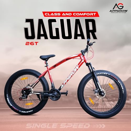 Image of Jaguar Fat Bike 21 Speed Multi Front Suspension Dual Disc Brake Branded Tyre 26 T Fat Tyre Cycle (21 Gear, Red, Black, Only Front Suspension)