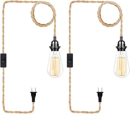 Miniatura 15 de Lámpara colgante enchufable, lámpara colgante industrial con cable de enchufe, cuerda de cáñamo, interruptor de encendido/apagado, lámpara colgante