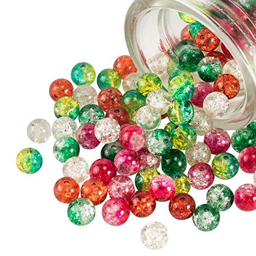 PH PandaHall 200pcs 8mm Christmas Crackle Glass Beads Red Green Beads Round Handcrafted Loose Bead Baking Painted Crackle Bead for Bracelet Necklace Earrings Christmas Jewelry Making Craft 5 Colors