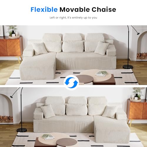 Image of HOMRELEXA 141'' Cloud Sectional Couch with High Backrest, Convertible U-Shaped Modular Sectional Sofa with Deep Seat, Soft Corduroy Upholstery, Boneless Couches Comfortable for Living Room(Beige)