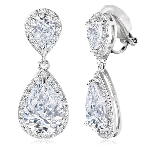 Wedding Zircon Teardrop Clip On Earrings For Brides Women No Piercing Sparkly CZ Silver Dangle Earrings