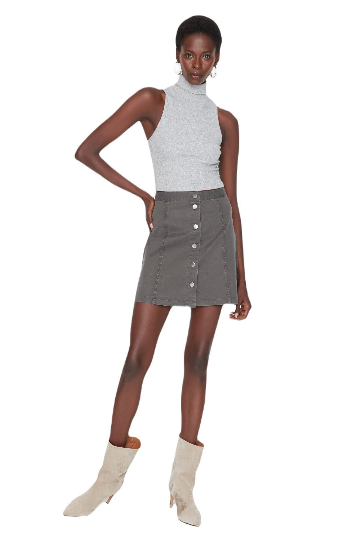 TRENDYOL Damen Trendyol Damen Mini Bleistiftrock A-linie Webstoff Rock Skirt Grün Rock, Gray, 38