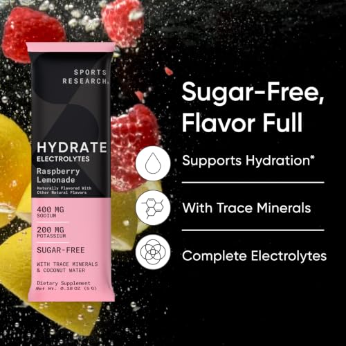 Image of Sports Research Hydrate Electrolytes Powder Packets - Sugar-Free & Naturally Flavored with Vitamins, Minerals, and Coconut Water - Supports Hydration - 16 Packets - Raspberry Lemonade | Sugar-Free & Flavorful with 7 Essential Vitamins, 65 Trace Minerals, and Coconut Water for Whole Body Hydration