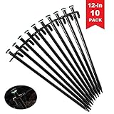 HAITRAL Heavy Duty Tent Stakes 12 Inches - Black Metal Tent Pegs, Canopy Tent Nails Spikes Set of 10 with Carrying Bag, Fluorescent Ring, Unbreakable&Durable for Backpacking Camping Climbing Hiking