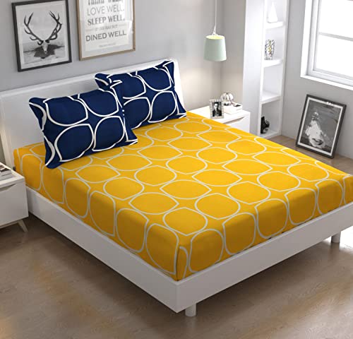 Image of Nirwana Decor Fitzy Fitted bedsheet King Size, Elastic bedsheet, 72x78 inches + 10 inches Drop, with 2 Pillow Covers (Fb-Navy-YellowChecks, 72 inch x 78 inch)