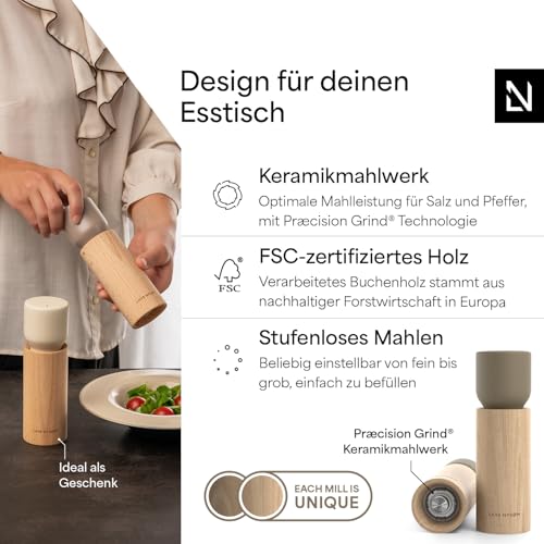LARS NYSØM Salz und Pfeffermühle Holz Set - Manuelle Mühlen Keramikmahlwerk – Ansicht 2