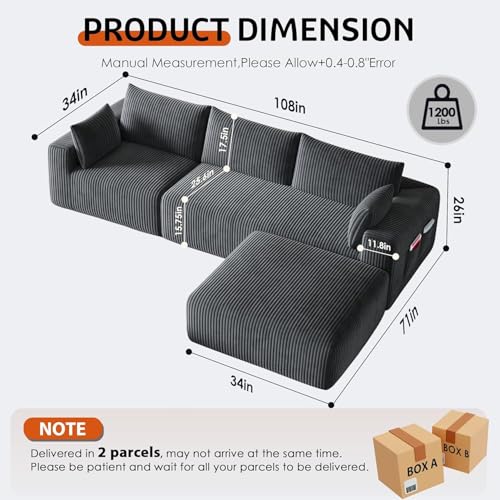 Image of 108 inch Boneless Couch Modular Sectional Sofa for Living Room, L Shaped Cloud Couch with Deep Seat Chaise, No Assembly Required Foam Sleeper Sofa for Apartments, Plush Corduroy Fabric, Dark Grey