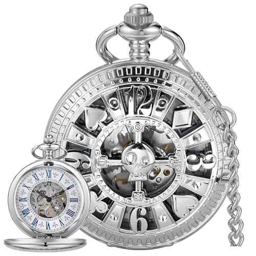 Image of Men's Mechanical Hollow Design Hand Wind Pocket Watch Roman Numerals Steampunk with Chain Box