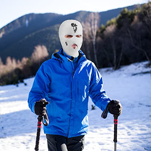 3-Hole Knitted Full Face Cover Ski Mask 2 Pcs Balaclava Knitted Three Hole Mask Beanie Winter For Outdoor Activities (White, Rose Style) #TOP6