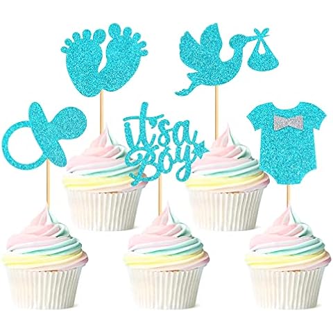 Blumomon 30Pcs It's a Boy Cupcake Toppers Pacifier Glitter Onesie Jumpsuit Cupcake Picks Swan Pacifier Cake Decorations for Baby Shower Boy Birthday Theme Party Supplies Cover