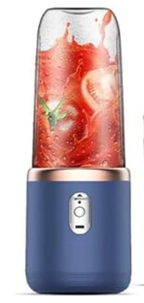 Portable milkshake blender and juicer, a set of 6-bladed mini blender with powerful functions and one touch operation, suitable for kitchen travel, USB rechargeable (Blue double cup)