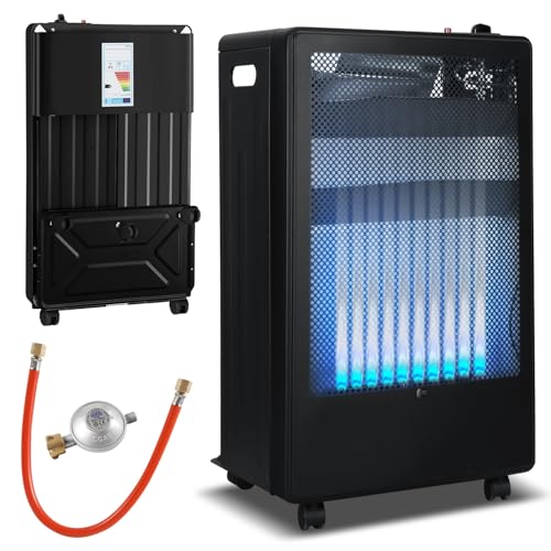 Eikuavons Estufa de gas de 3,8 kW, llama azul, superficie de calentamiento: hasta 80 m², LPG/butano/propano, 2 niveles de calor, protección antivuelco, encendido piezoeléctrico, incluye regulador y