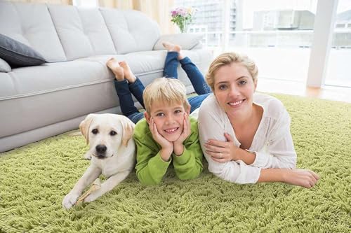Image of Large Green Microfiber Shag Rug 8x8 Feet Round with Heavy Thick Pile, Anti Slip Layer and Handcrafted Finish for Enhancing Living Room, Bedroom and Hall Interiors