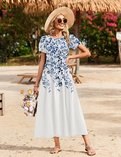 Image of Zeagoo Summer Dresses for Women 2026 Maxi Bohemian Floral Short Sleeve Long Dress Casual Flowy Tired Beach Sundress