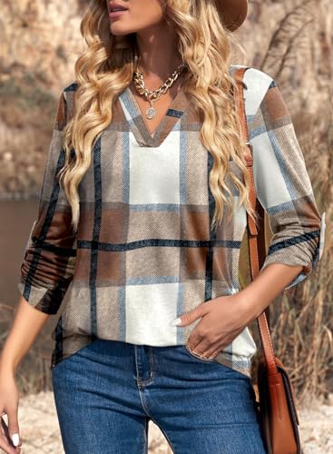 Image of Dokotoo Womens Tops Plaid Cotton Cuffed 3 /4 Sleeve Shirts Blouses