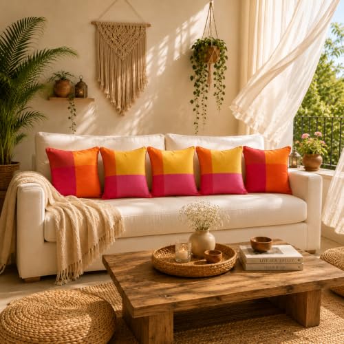 Image of RANGBHAR Handloom 100% Cotton Cushion Cover Set of 5 | Cushion with All-Around Piping for Premium Finish | 16x16 Inches Hand Woven Striped Cushion Covers | Mustard Orange