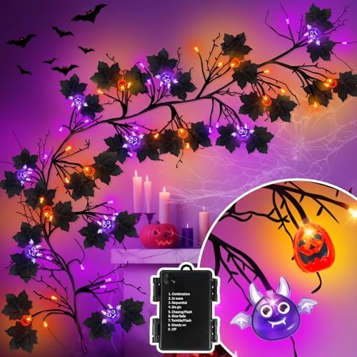 Halloween Garland with Lights, 6FT 54 LED Pumpkin Bat Willow