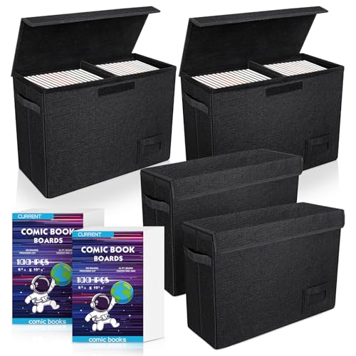 Image of YSCare 200 Comic Book Boards and 4 Pack Comics Organizer, Acid-Free Comic Backing Board, Collapsible Book Case with Dividers and Carrying Handles