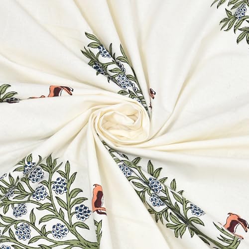 Image of DE CAMA Since 1997 | 100% Cotton 300 TC Premium Super King Size Bedsheet for Double Bed (108 x 108 Inch) with 2 Pillow Covers Set (17 x 27 Inch) Hand Block Printed Bedsheet Set - Green /White