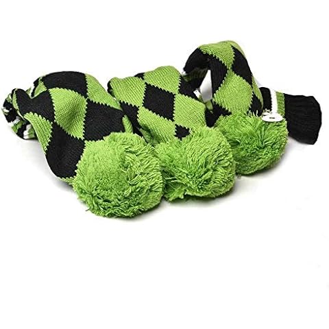 GOOACTION 3PCS Knitted Golf Head Covers 1-3-5 for Driver and Fairway Woods with Long Neck Sock Vintage Argyle Black and Dark Green Pom Pom Golf Club Head Covers Set Cover