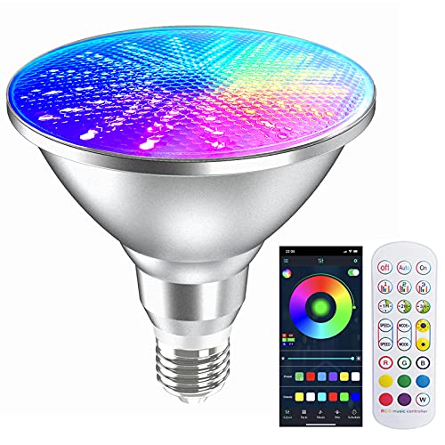 LXKBD Ampoule Intelligente 25W Dimmable,LED Bluetooth RGBIC Etanches avec APP et Télécommande, PAR38 Minuterie Musique Pickup Lumières Changeantes pour Piscine Maison Jardin Décoration de Fête de Noël