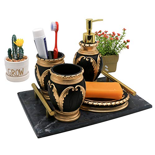 LUANT 4 Pieces Bathroom Accessory Set Including Tumbler, Toothbrush Holder, Soap Dish and Soap Dispenser, Black with Gold - Thumbnail 5
