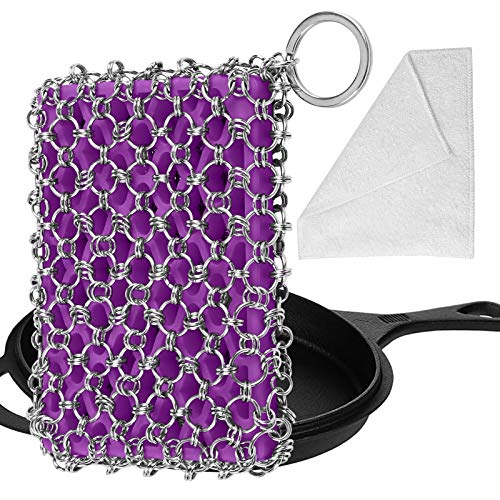 Herda Cast Iron Skillet Cleaner - Chainmail Scrubber Set for Cast Iron with Bamboo Wash Cloth 316 Stainless Steel Chain Metal Skillet Scraper Pan Brush Tool Kit for Grill Pan Iron Skillet Purple