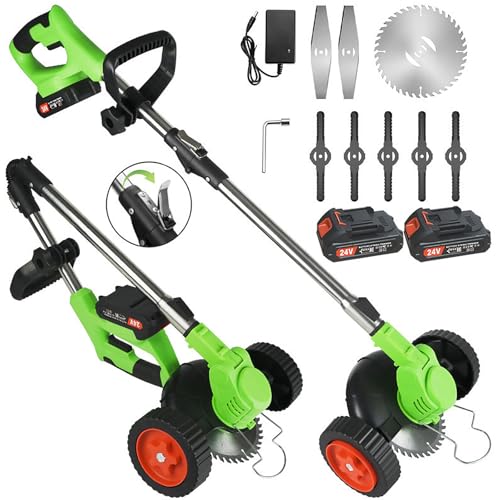 Desbrozadora Eléctrica Sin Cable 21V - Cortacésped con Ruedas & 3 Tipos de Cuchillas, 3-en-1 Desbrozadora/Cortabordes/Cortadora de Maleza Plegable para Jardín & Patio