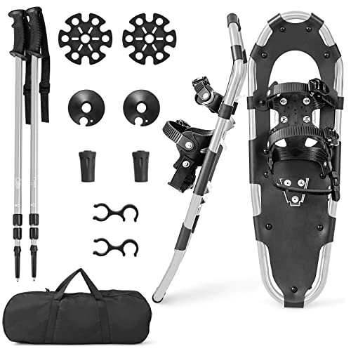 COSTWAY Juego Raquetas de Nieve 4en1, Raquetas de Nieve de Aluminio de 63 cm con Pivote Flexible, Bastones de Trekking y Bolsa de Transporte Impermeable, Unisexio Adultos Adolescentes (63cm, Plata)