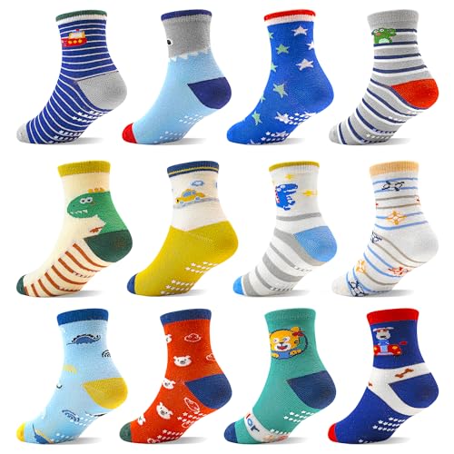 ELUTONG Toddler Socks with Grips Anti Slip Ankle Socks 12 Pairs for 1-7 Years Boys Girls Kids Infant Baby
