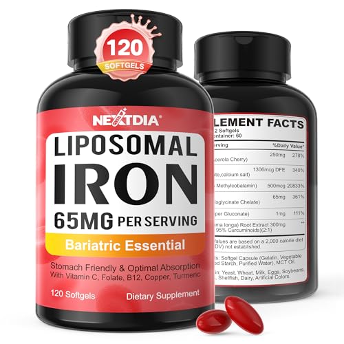 Liposomal Bariatric Iron 65mg + Vitamin C, Folate, B12, Copper, Turmeric, Non-Constipating, Stomach Friendly, Bariatric Iron Supplement for Women Iron Deficiency & Energy, High Absorption, 120 Softgel