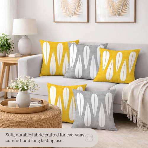Image of STITCHNEST Set of 5 Polycotton Cushion Covers - Yellow & Grey Abstract Drop Design - 16x16 Inches - Soft & Durable Cushion Covers for Sofa, Bed & Living Room | Perfect for Home Decor