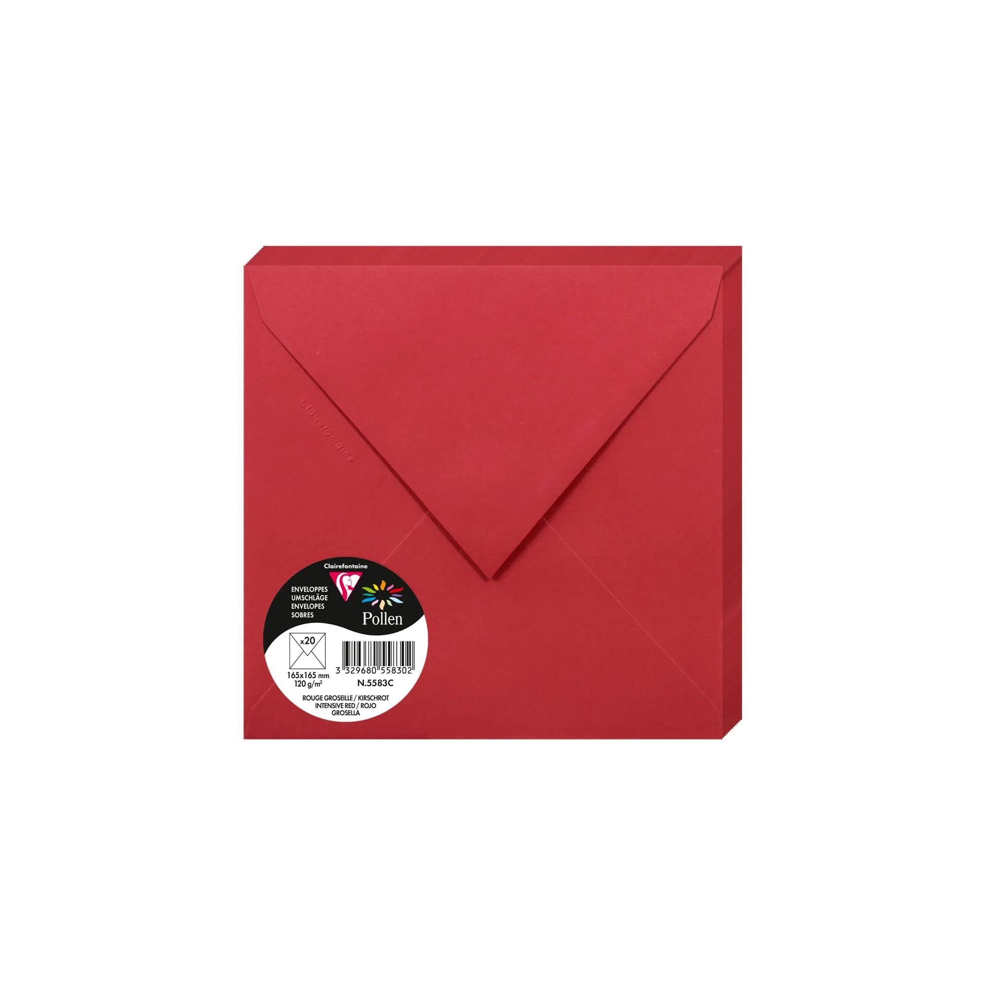 Clairefontaine 5583C - Paquet de 20 Enveloppes Gommées - Format Carré 16,​5x16,​5cm - 120g/​m² - Coloris Rouge Groseille - Invitation Evènements et Correspondance - Gamme Pollen - Papier Premium Lisse