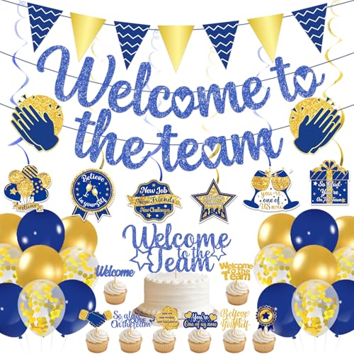 Image of Welcome to The Team Decorations - Welcome to The Team Banner Garland Hanging Swirls Balloons Cake Topper Cupcake Toppers Welcome Decorations for Office Sign New Employees Coworker Staff Gift (Blue)