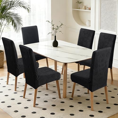 Image of Genina Waterproof Dining Chair Cover Set of 2,Kitchen Chair Cover,Black | Stretch Dining Room Chair Slipcovers with Leaf Jacquard,Removable Kitchen Chair Protector for Home,Restaurant,Banquet