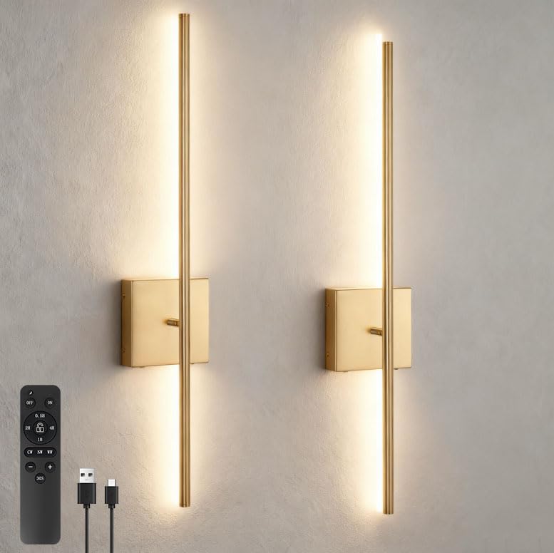 EIDEARAY Battery Operated Wall Lights Indoor, USB Rechargeable LED Wall Lamp with Remote Control, Dimmable Wall Light Wireless, Gold 70CM Modern Wall Sconce for Living Room Bedroom(2 Pack)