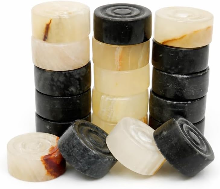 Marble Chess Checker Pieces Set with Storage Box, Collection (Black Onyx)