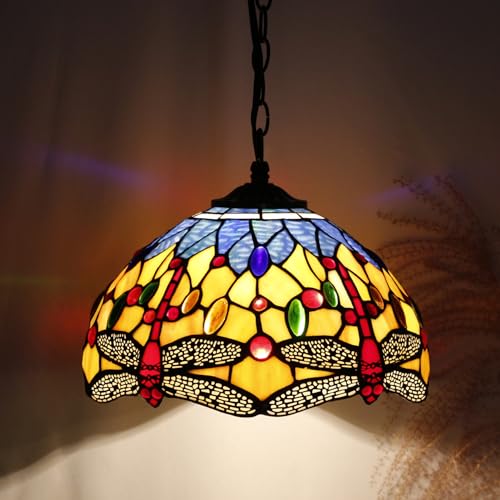 Image of 12 Inch Tiffany Lamp shade Replacement Only(Orange Blue Dragonfly) | Stained Glass Lampshade Only 1-5 /8-Inch Fitter Opening for Arched Floor Lamp, Torchiere Lamp, Pendant Light