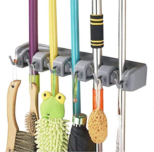 HUOX Broom Holder Wall Mount, Broom Hanger Garden Tool Garage Organizer for Garden Kitchen Laundry Offices (5 Ball Slots and 6 Hooks)