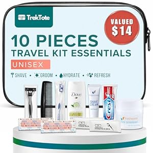 Trektote 10 Piece Travel Hygiene Kit with Toiletries & Dental Essentials, TSA-Compliant, Clear Cosmetic Bag, Single or Bulk Packs