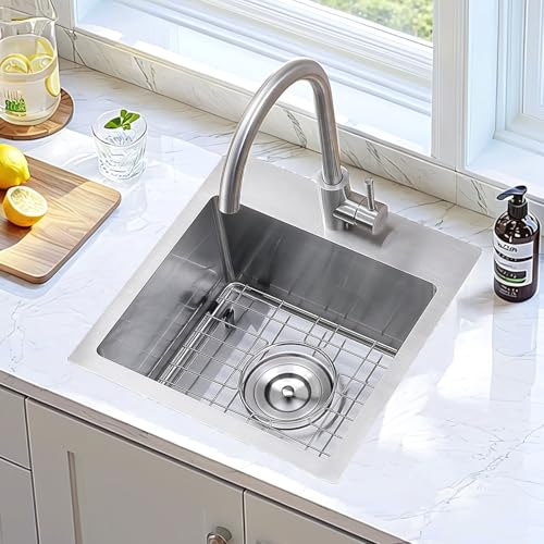 Image of SHACO 15x15 Inch Drop In Bar Sink, Topmount 16 Guage Handmade Stainless Steel Square Small Sink for Wet Bar Prep Small Kitchen RV Outdoor