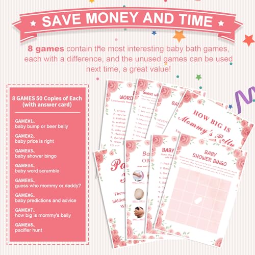 Oloutab Baby Shower Games For Girl-8 Games,Fun And Easy To Play,Includes Baby Shower Bingo,Price Is Right,Guess Who Mommy Or Daddy,Word Scramble,Prediction And Advice,How Big Is Mommys Belly,Pacifier Hunt thumb #4