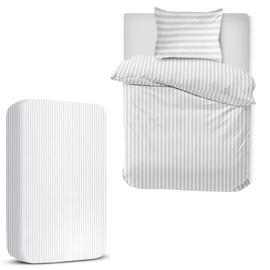 MOONLIGHT20015 Single Duvet Cover Set 3 Piece Satin Stripe Duvet Covers Soft Brushed Microfiber Bedding Set with Fitted Sheet & 1 Pillow Case (White, 135x200 cm)