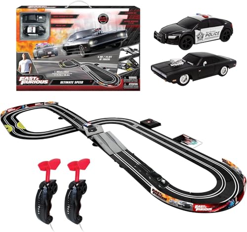 Fast & Furious Ultimate Speed Electric Racetrack Slot Car Set, 2X 1:43 Replica Cars, Eight Figure Track 4.4M / 14.5FT Racetrack Race Set for Kids, Ages 3+