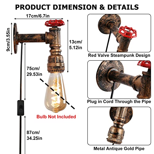 Image of Industrial Set of 2 Wall Lamps with Plug in Cord for Bedroom Bedside Lighting Brass Brush Gold Water Pipe Steampunk Decor Sconces with Mounted Fixtures E26 Socket with Switch Farmhouse Wall Lamps