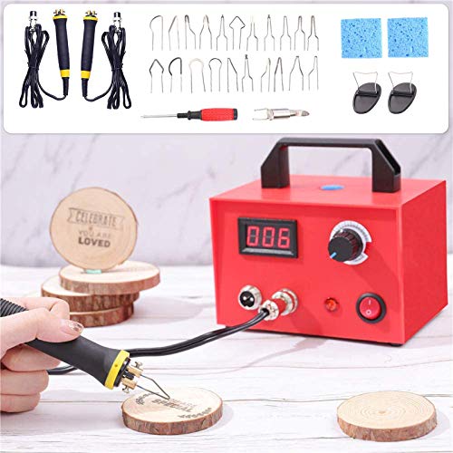 HUKOER 23 piezas Mquina de Pirograbado Kit de Herramientas de Artesana en Madera 100W Ajustable Pluma Doble con Pantalla Digital