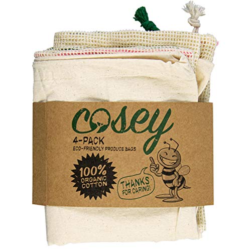 Cosey Wiederverwendbare Obst- und Gemüsebeutel aus Baumwolle mit Tara (4 Stück)