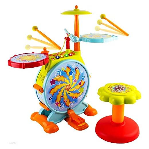 Play Baby Musical Big Toy Kids Drum Set with Adjustable Mic and Seat - Many Functions and Activities for Hours of Play - Pretend to Be A Real Drummer with Drumsticks, Pedals, and Bass Drum