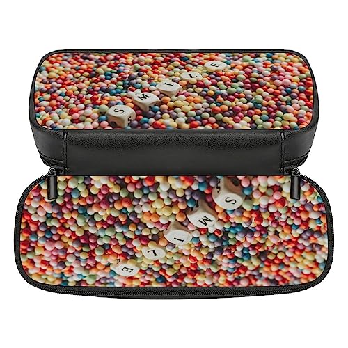 Fionel Dots-Spells-Out-Smile Pu Leather Quad Pen Case Zipper Pencil Pouch Holder For Pens Case Office Storage Box Organizer Pen Bag(8×1.5×3.5 In) #TOP2